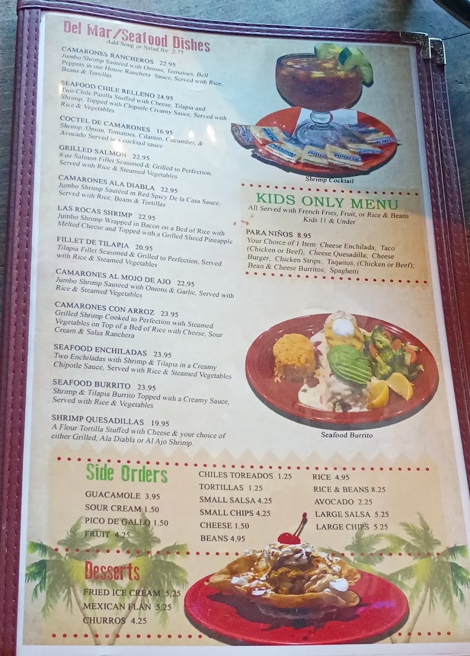Latin American menu featuring tacos and enchiladas.